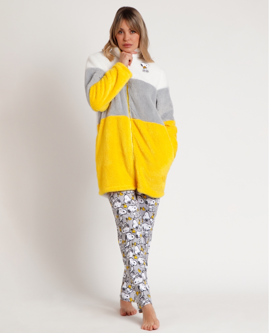 PEANUTS Bata Manga Larga Calentita Franjas Snoopy Funny para Mujer AMARILLO