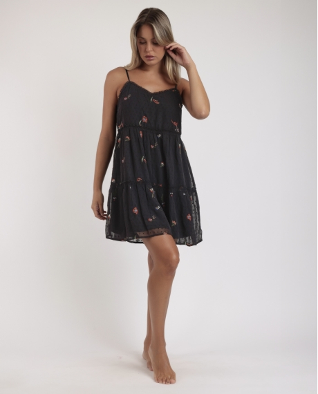 ADMAS Vestido Tirantes Orientel Flowers Frunces para Mujer NEGRO