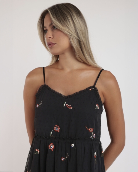 ADMAS Vestido Tirantes Orientel Flowers Frunces para Mujer NEGRO 2