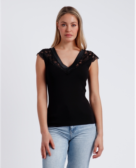 ADMAS Camiseta Manga Corta Puntilla Raso para Mujer NEGRO