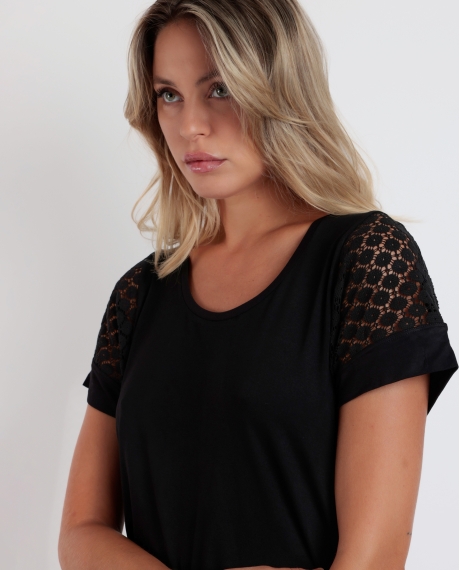 ADMAS Camiseta de Manga Corta Lace para Mujer NEGRO 2
