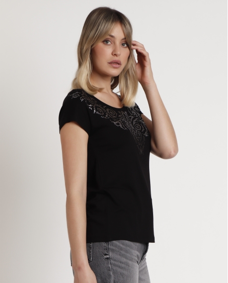 ADMAS Camiseta Manga Corta Cenefa Brillante para Mujer NEGRO