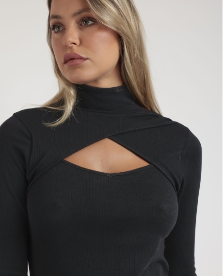 ADMAS Camiseta Manga Larga Cuello Cruzado para Mujer NEGRO 2