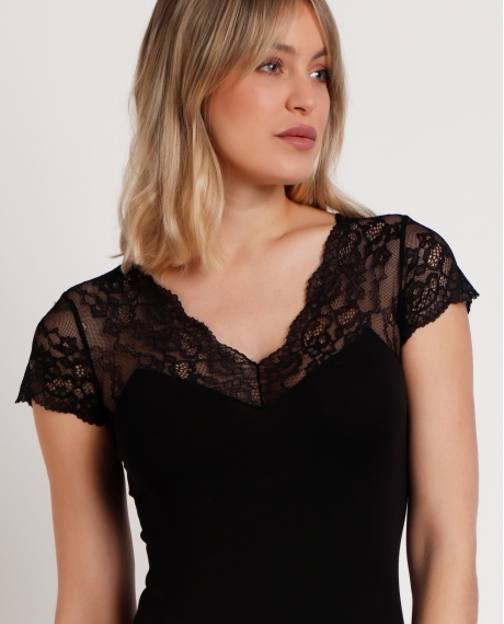 ADMAS Camiseta Manga Corta Puntilla Mangas para Mujer NEGRO 2