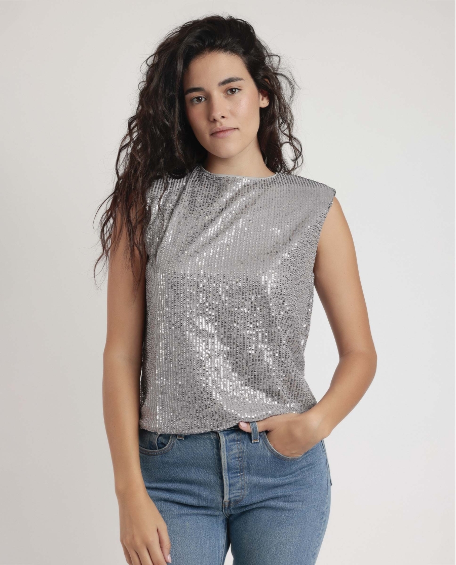 ADMAS Camiseta Hombreras Lentejuelas para Mujer PERLA