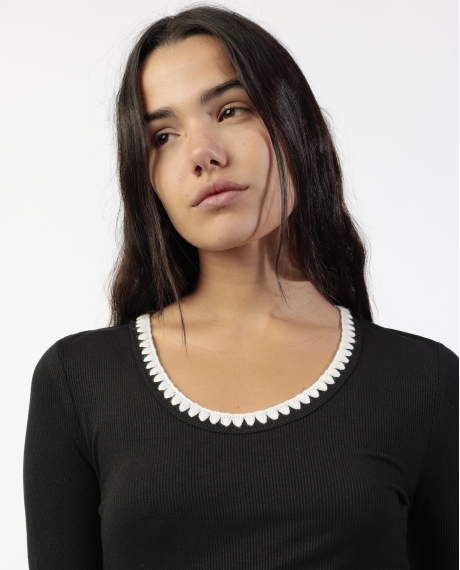 ADMAS Camiseta Manga Larga Canalé Contraste para Mujer NEGRO 2
