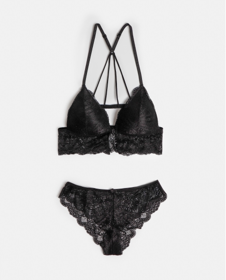 ADMAS Conjunto Top Triangulo y Braguita Puntilla para Mujer NEGRO