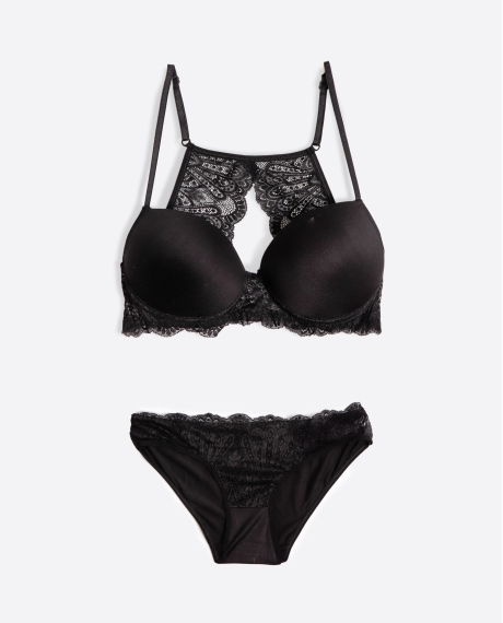 ADMAS Conjunto Sujetador Push Up y Braguita Ondas para Mujer NEGRO
