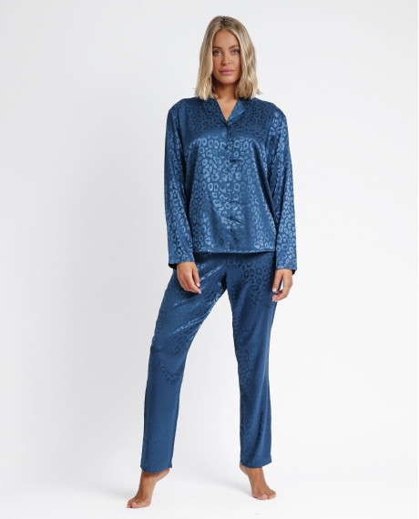 ADMAS CLASSIC Pijama Abierto Manga Larga Satin Leopard para Mujer OCEANO