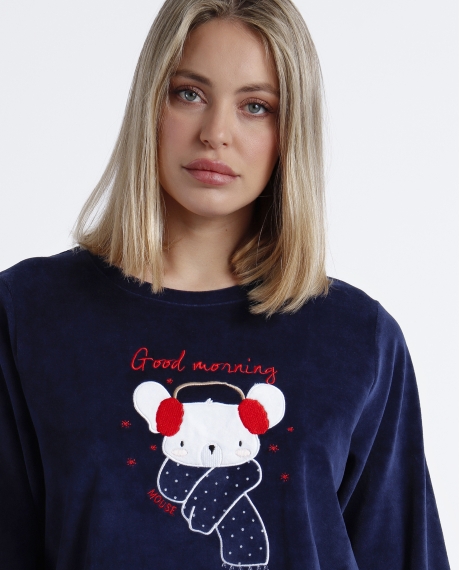 ADMAS Pijama Terciopelo Manga Larga Morning Mouse para Mujer MARINO 2