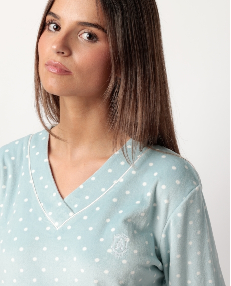 ADMAS CLASSIC Camisola Manga Larga Velvet Pico Dots Lace para Mujer VERDE AGUA 2