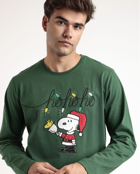 PEANUTS Pijama Manga Larga Ho Ho Ho para Hombre VERDE 2