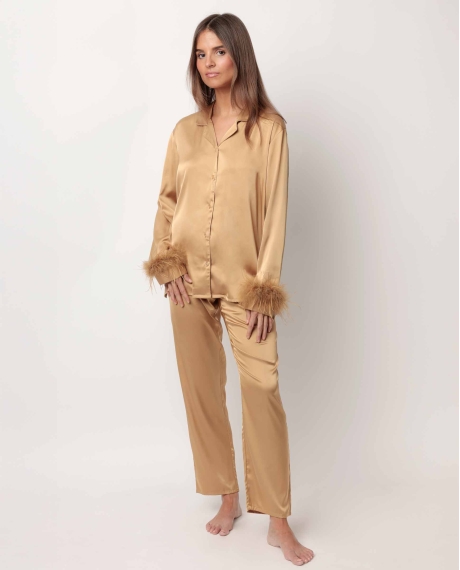 ADMAS LUXURY Pijama Abierto Manga Larga Plumas Marabu Luxe para Mujer ORO