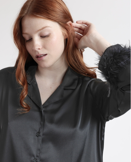 ADMAS LUXURY Pijama Abierto Manga Larga Plumas Marabu Luxe para Mujer NEGRO 2