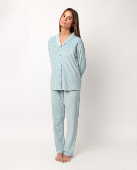 ADMAS CLASSIC Pijama Abierto Manga Larga Velvet Pico Dots Lace para Mujer VERDE AGUA