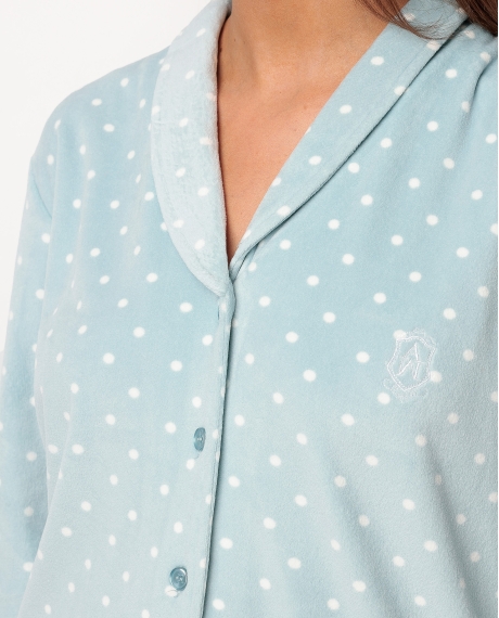 ADMAS CLASSIC Pijama Abierto Manga Larga Velvet Pico Dots Lace para Mujer VERDE AGUA 2