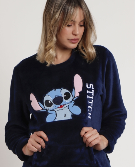 DISNEY Pijama Manga Larga Calentito Stitch Faces para Mujer MARINO 2