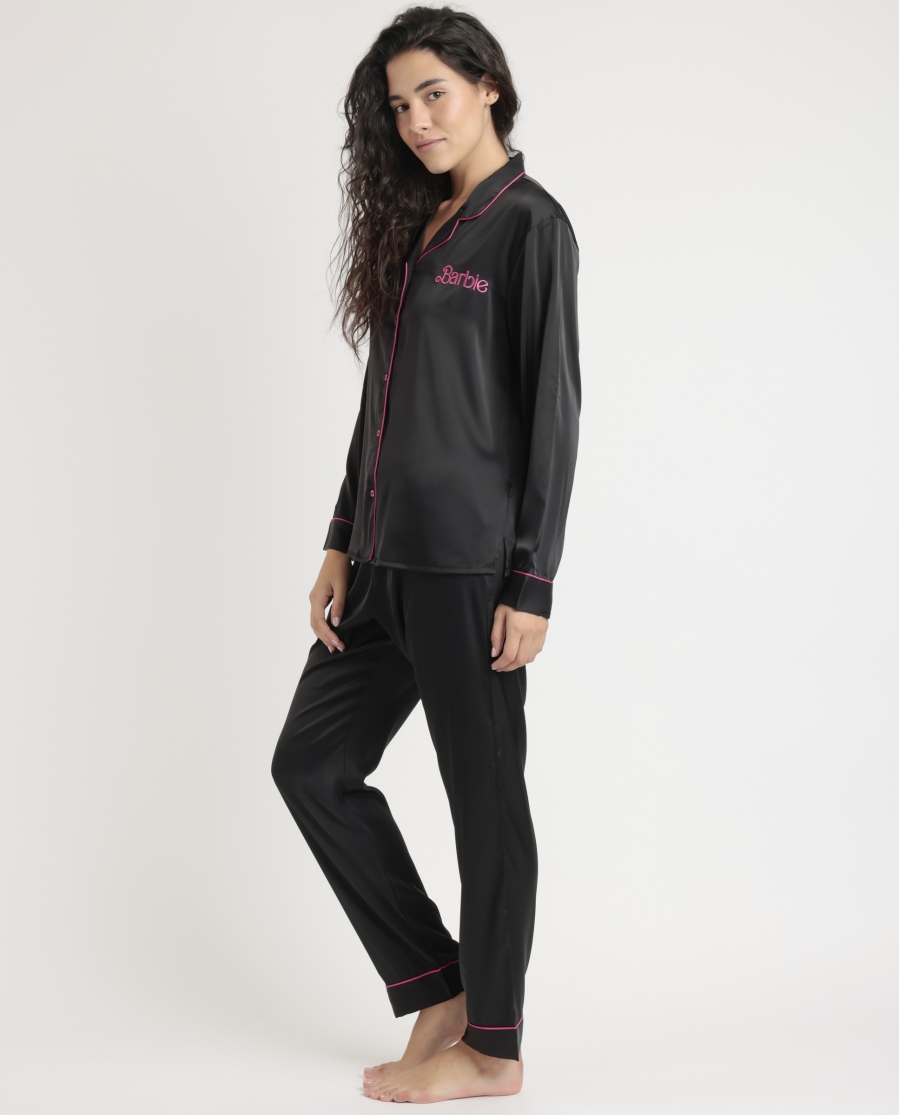 BARBIE Pijama Abierto Manga Larga Satin Barbie Vintage para Mujer NEGRO BARBIE Pijama Abierto Manga Larga Satin Barbie Vintage para Mujer NEGRO