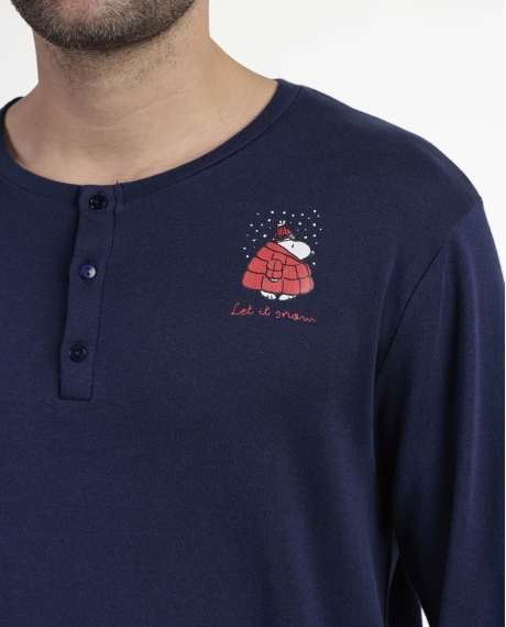 PEANUTS Pijama Manga Larga Tapeta Let It Snow para Hombre MARINO 2