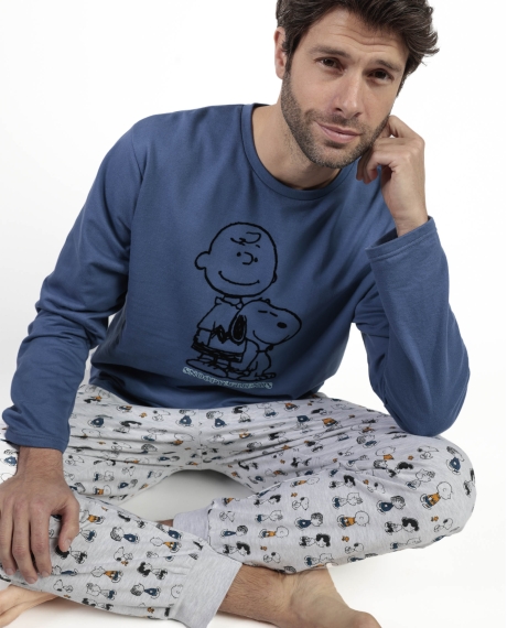 PEANUTS Pijama Manga Larga Felpa Snoopy&Friends para Hombre AZUL 2
