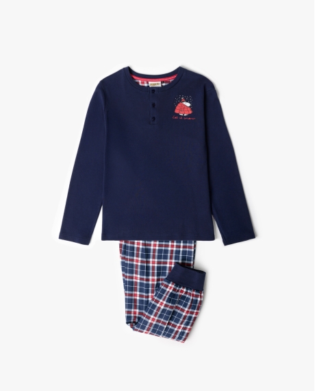 PEANUTS Pijama Manga Larga Tapeta Let It Snow para Niño MARINO