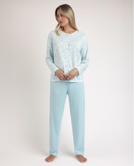 ADMAS CLASSIC Pijama Abierto Manga Larga Spring Leaves para Mujer AZUL