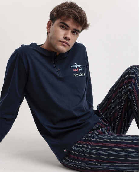 STAY AT HOME Pijama Manga Larga Creative And Not Serious para Hombre MARINO 2