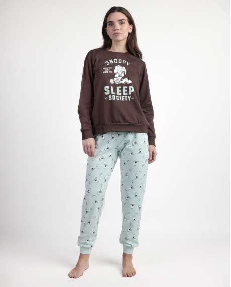 PEANUTS Pijama Manga Larga Felpa Sleep Society para Mujer CHOCOLATE