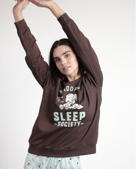 PEANUTS Pijama Manga Larga Felpa Sleep Society para Mujer CHOCOLATE 2