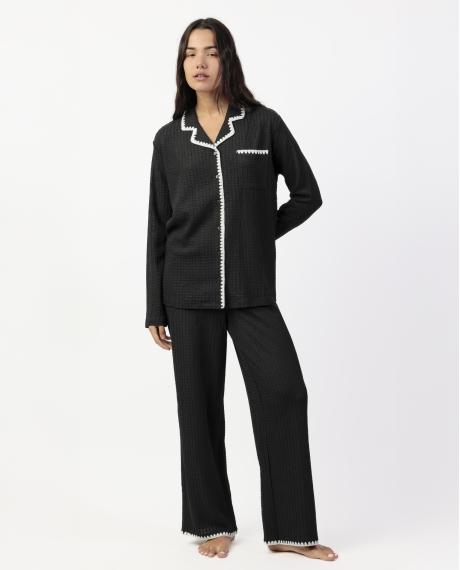 ADMAS LUXURY Pijama Manga Larga Abierto Stitching para Mujer NEGRO