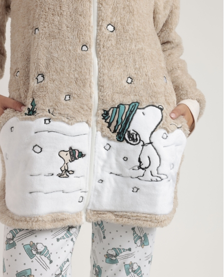 PEANUTS Bata Manga Larga Calentita Let It Snow para Mujer BEIGE 2
