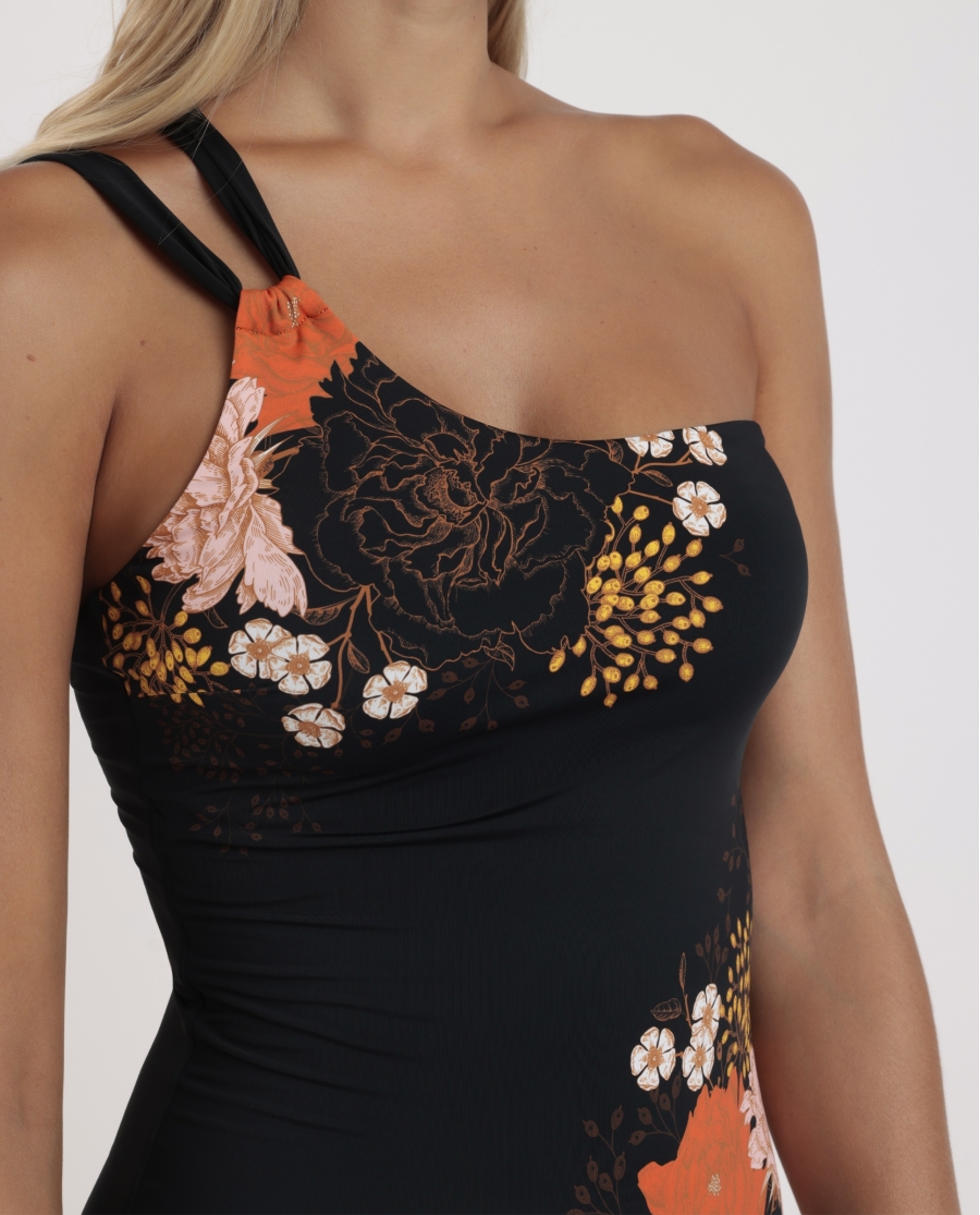 ADMAS Bañador Asimétrico Orientel Flowers para Mujer NEGRO