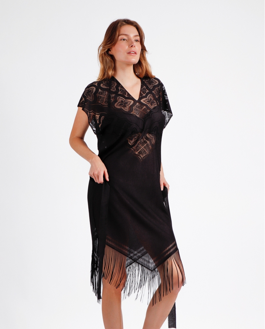 Vestido Manga Corta Sunset Palm para Mujer NEGRO
