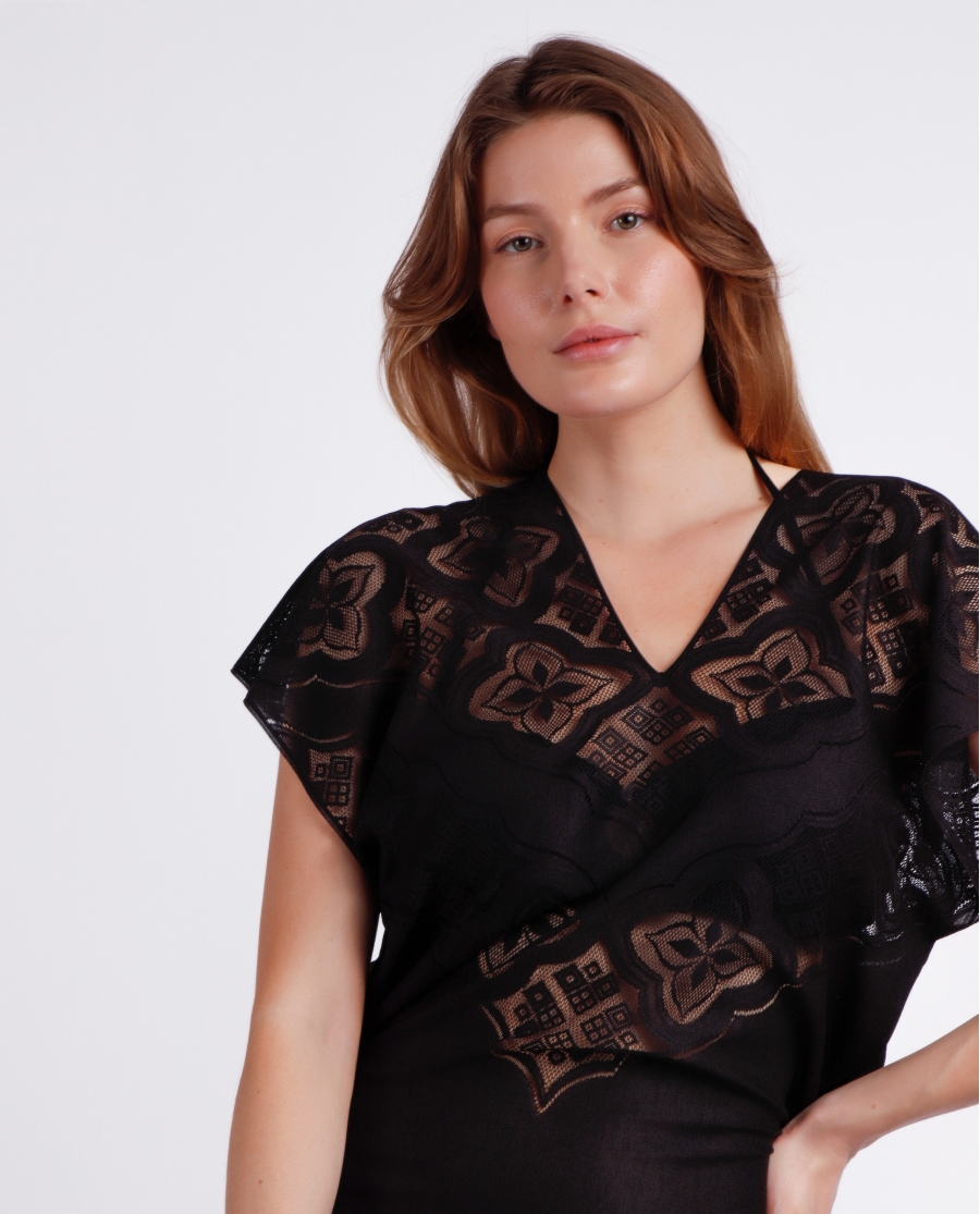 Vestido Manga Corta Sunset Palm para Mujer NEGRO