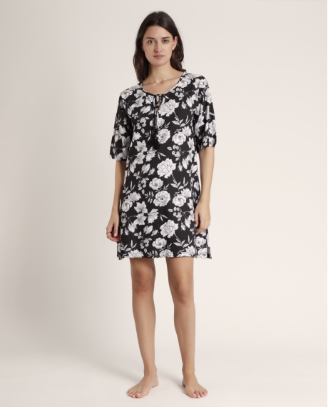 ADMAS Vestido Manga Francesa Beach Flowers para Mujer NEGRO