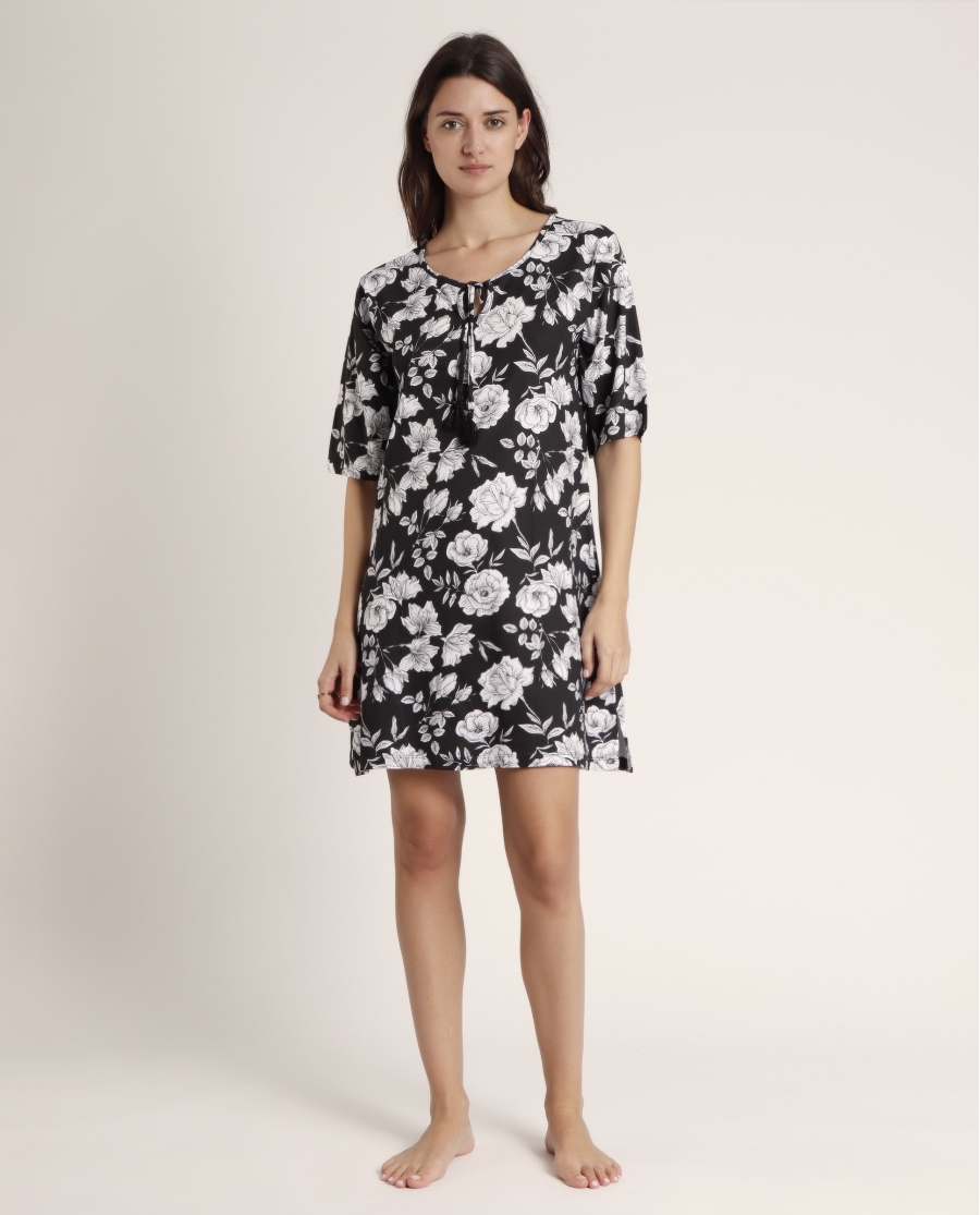 ADMAS Vestido Manga Francesa Beach Flowers para Mujer NEGRO