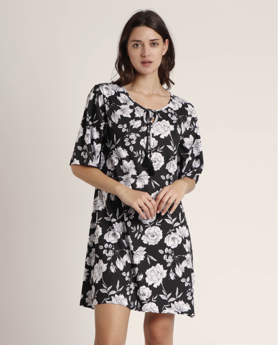 ADMAS Vestido Manga Francesa Beach Flowers para Mujer NEGRO