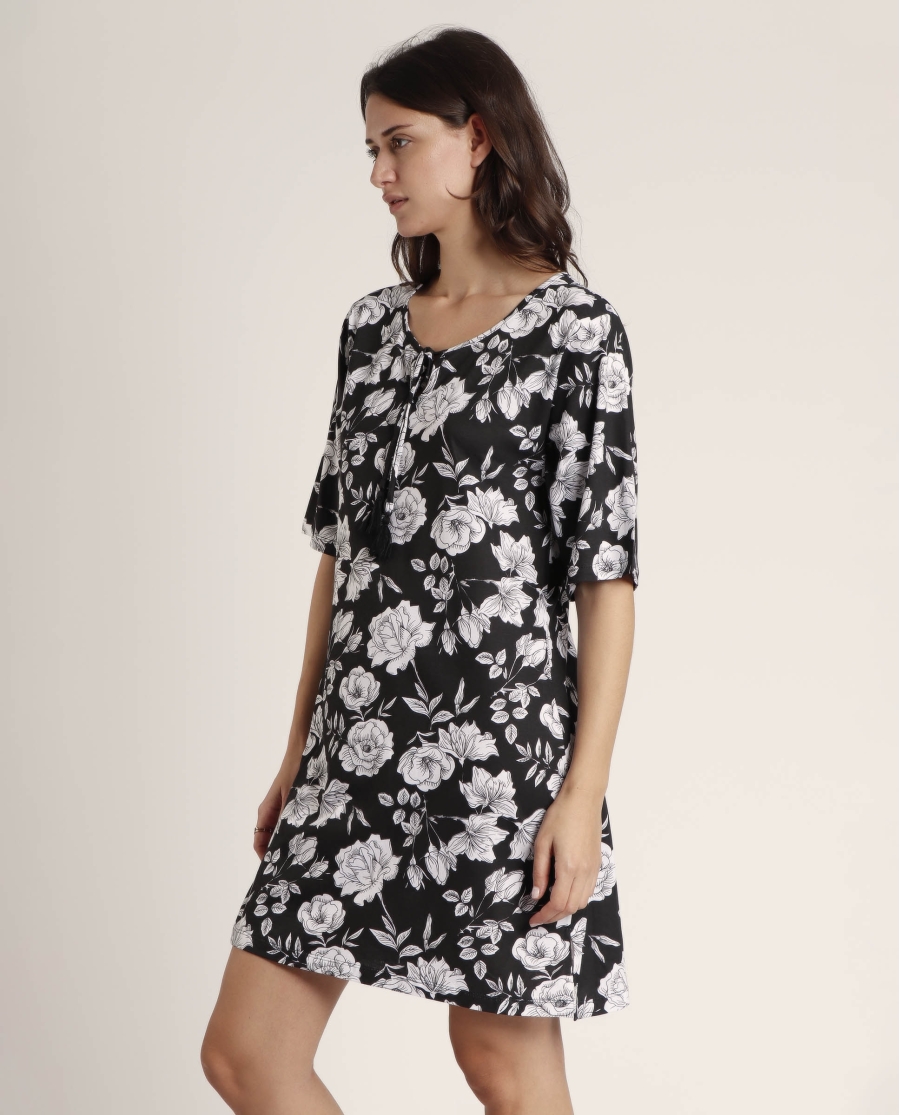 ADMAS Vestido Manga Francesa Beach Flowers para Mujer NEGRO