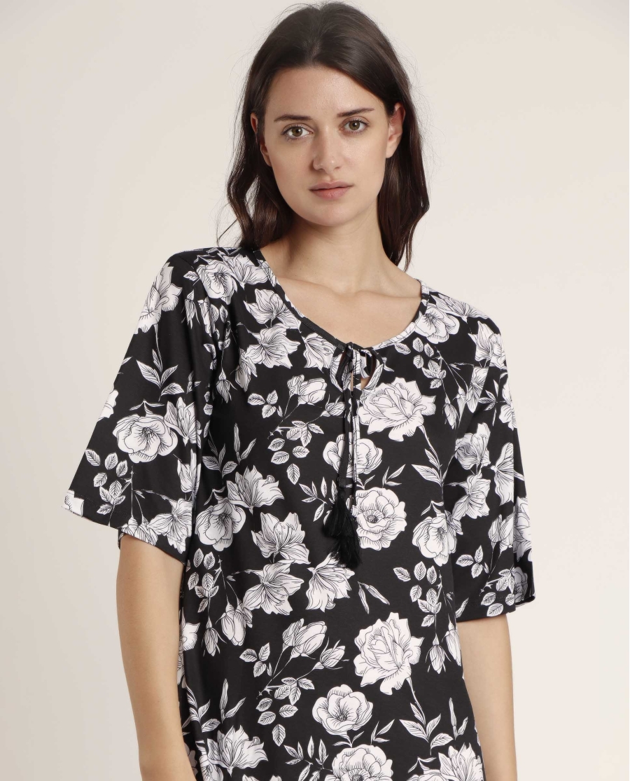 ADMAS Vestido Manga Francesa Beach Flowers para Mujer NEGRO