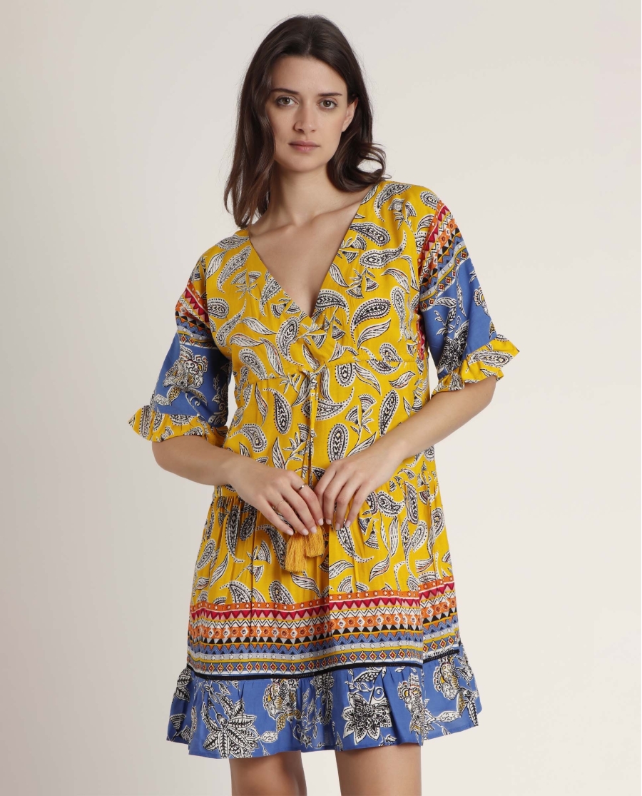 ADMAS Vestido Manga Francesa Hippy Beach para Mujer AMARILLO ADMAS Vestido Manga Francesa Hippy Beach para Mujer AMARILLO