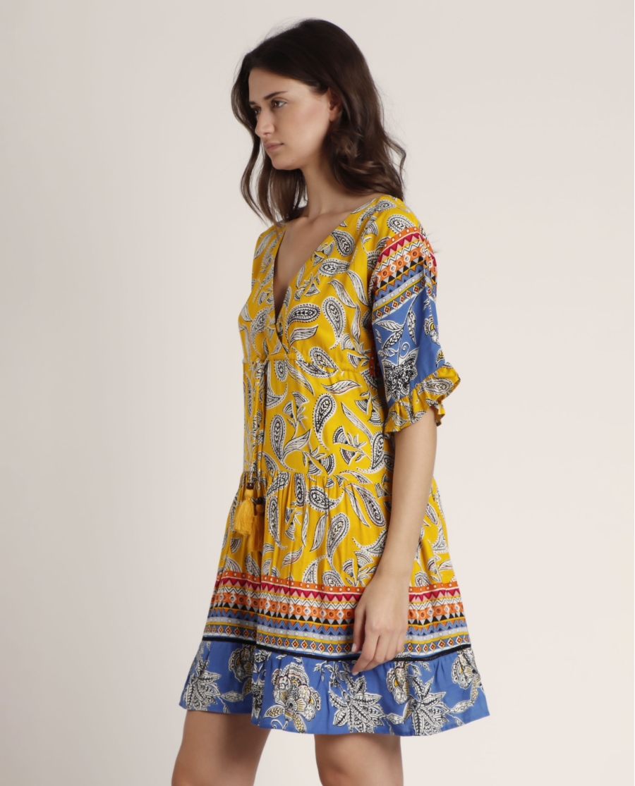 ADMAS Vestido Manga Francesa Hippy Beach para Mujer AMARILLO ADMAS Vestido Manga Francesa Hippy Beach para Mujer AMARILLO