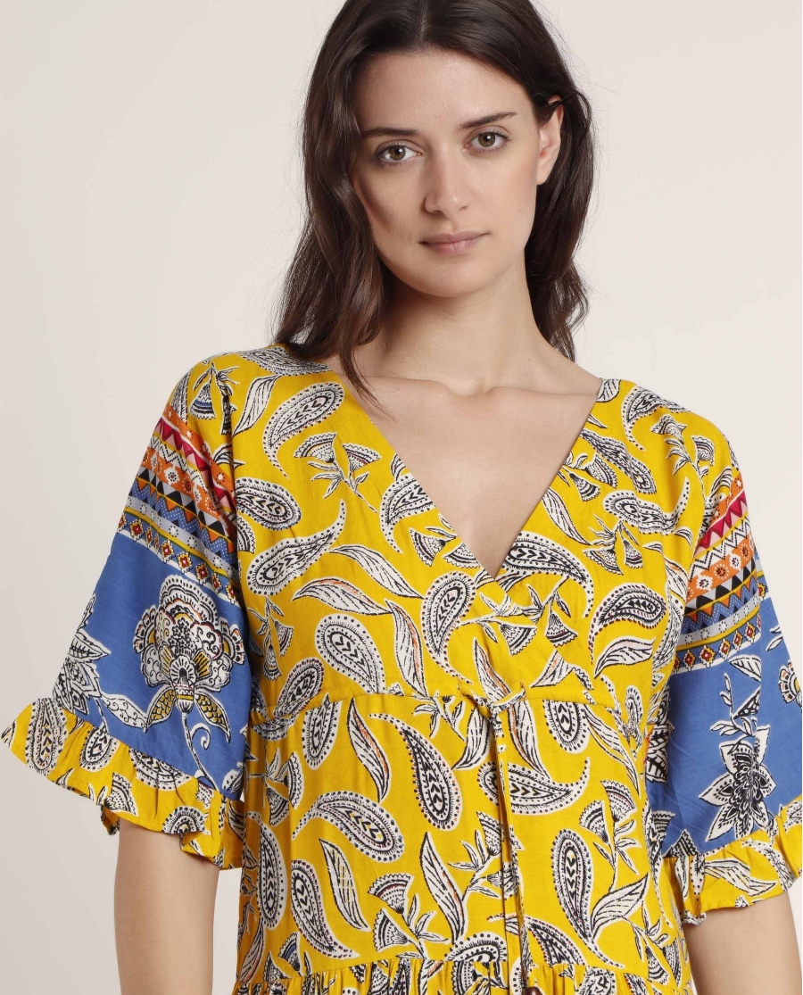 ADMAS Vestido Manga Francesa Hippy Beach para Mujer AMARILLO ADMAS Vestido Manga Francesa Hippy Beach para Mujer AMARILLO
