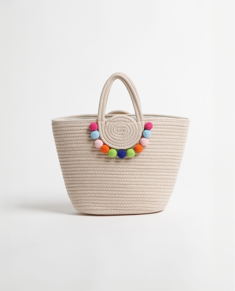 Bolso Playa Pompones para Mujer BEIGE Bolso Playa Pompones para Mujer BEIGE