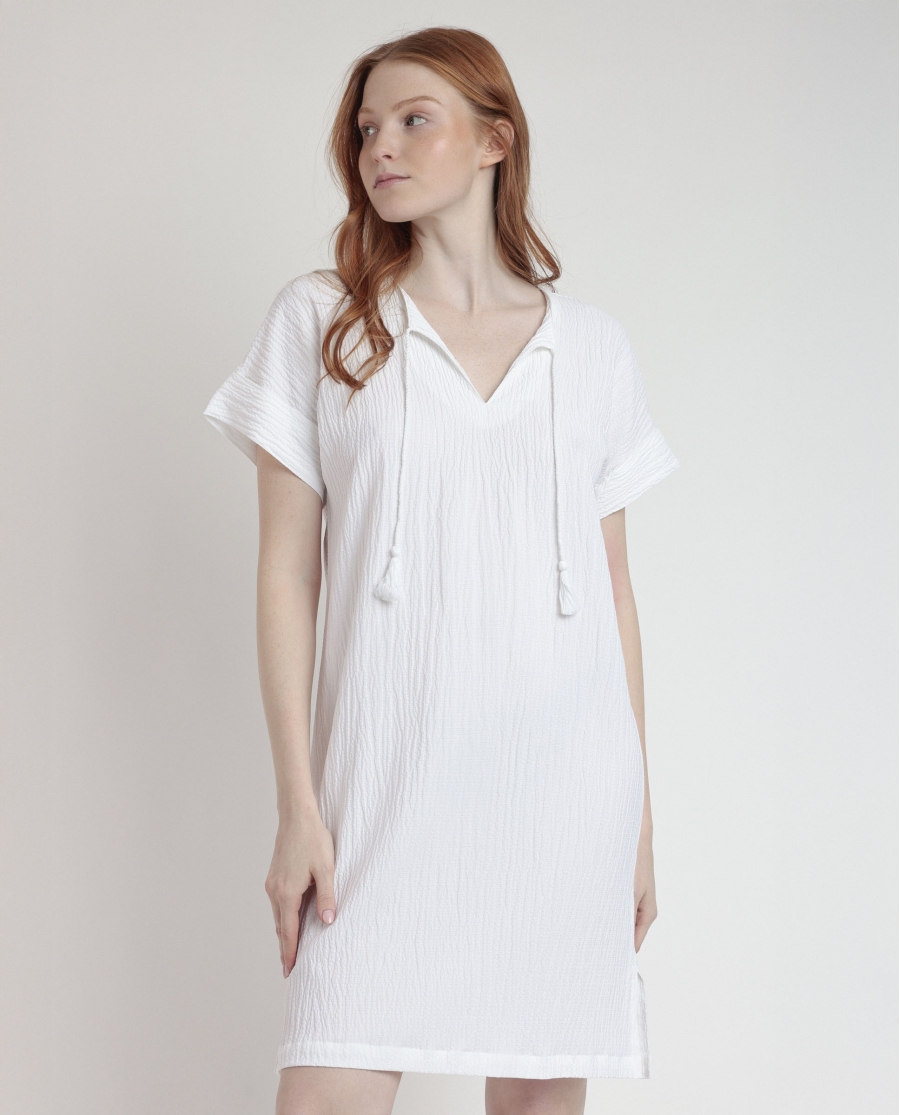 ADMAS Vestido Manga Corta Linen Style para Mujer BLANCO