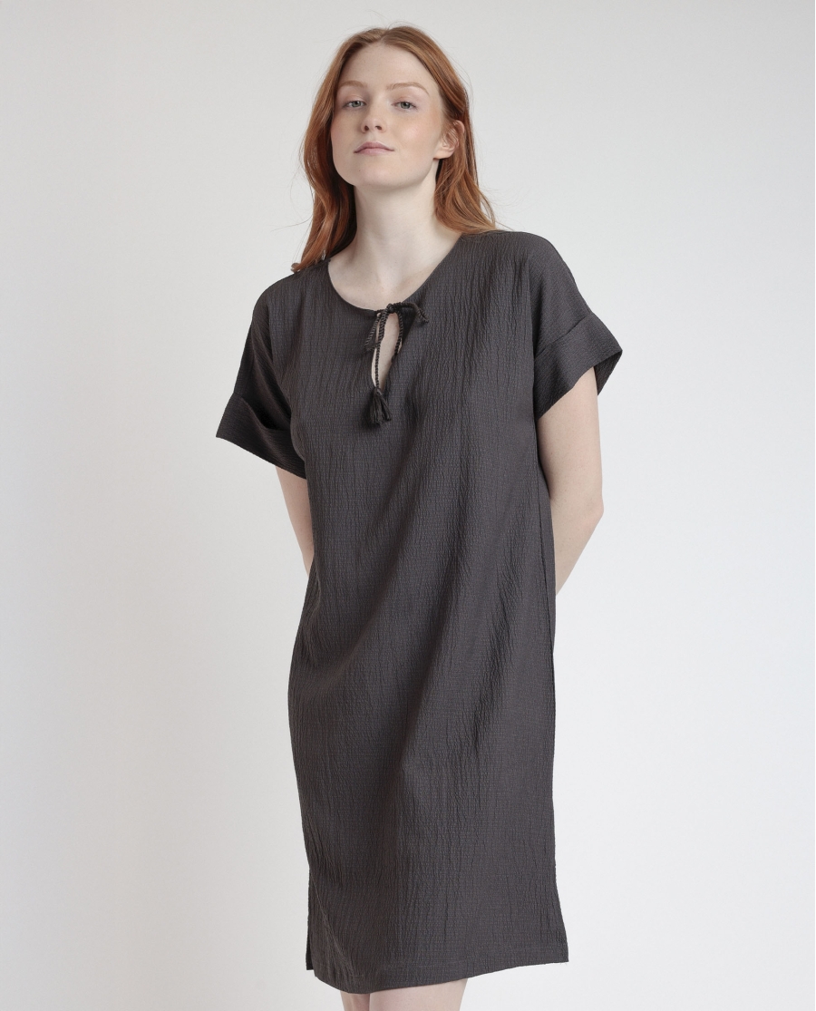 ADMAS Vestido Manga Corta Linen Style para Mujer CHOCOLATE