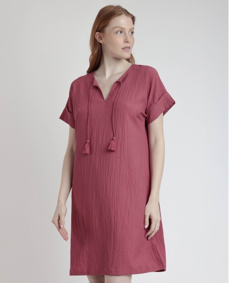 ADMAS Vestido Manga Corta Linen Style para Mujer CARMÍN