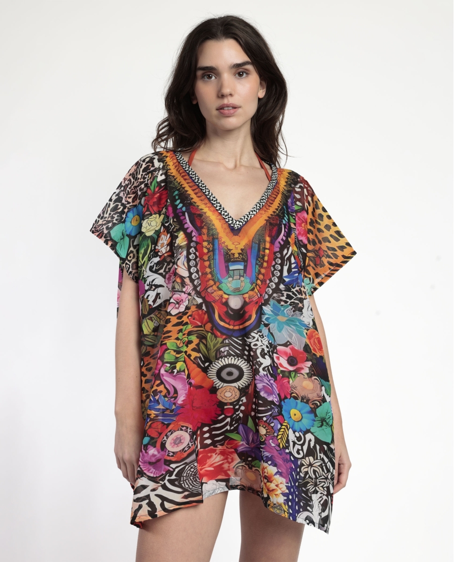 ADMAS Vestido Kaftan Manga Corta Tropical para Mujer MULTICOLOR