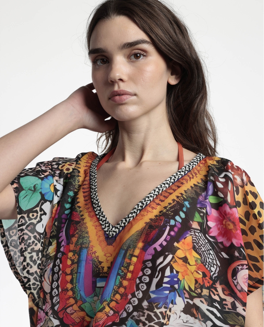 ADMAS Vestido Kaftan Manga Corta Tropical para Mujer MULTICOLOR