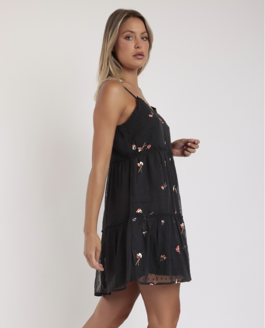 ADMAS Vestido Tirantes Orientel Flowers Frunces para Mujer NEGRO ADMAS Vestido Tirantes Orientel Flowers Frunces para Mujer NEGRO