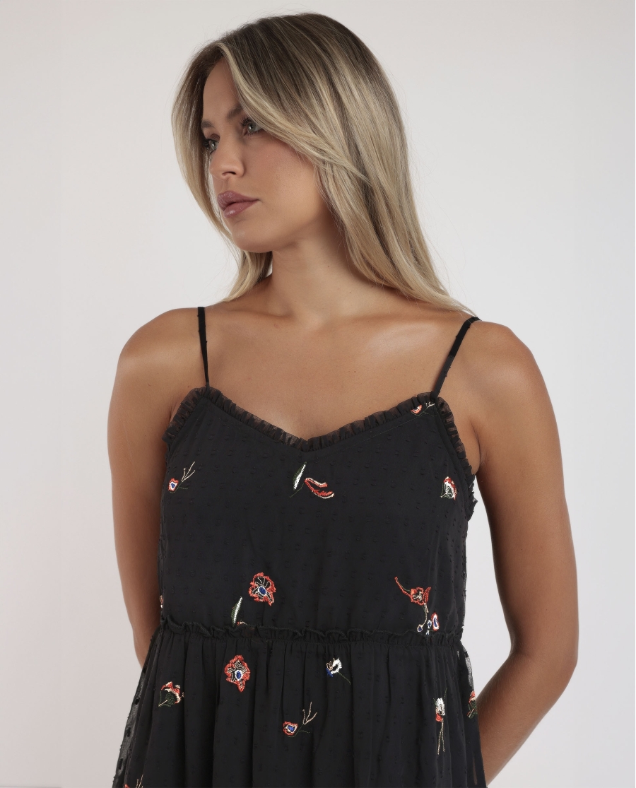 ADMAS Vestido Tirantes Orientel Flowers Frunces para Mujer NEGRO ADMAS Vestido Tirantes Orientel Flowers Frunces para Mujer NEGRO
